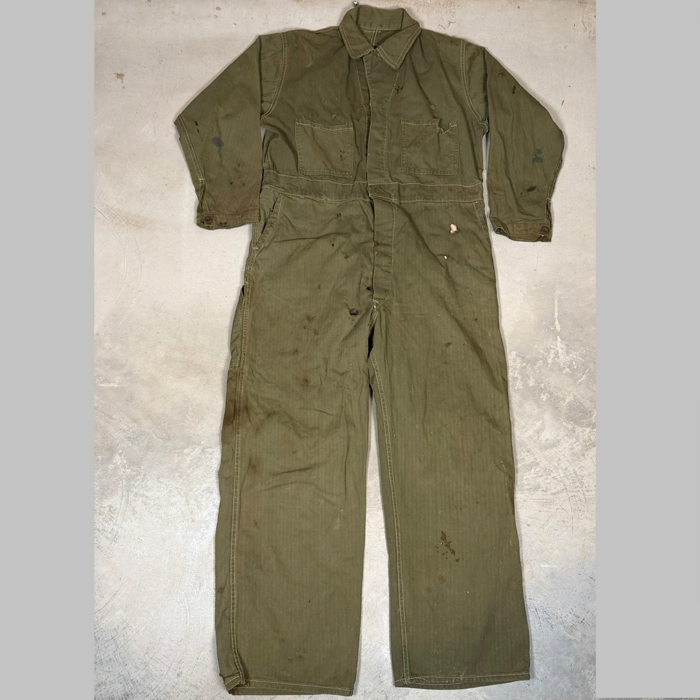 Vintage HBT Herringbone Twill Military Coveralls Olive Drab Green Battle worn